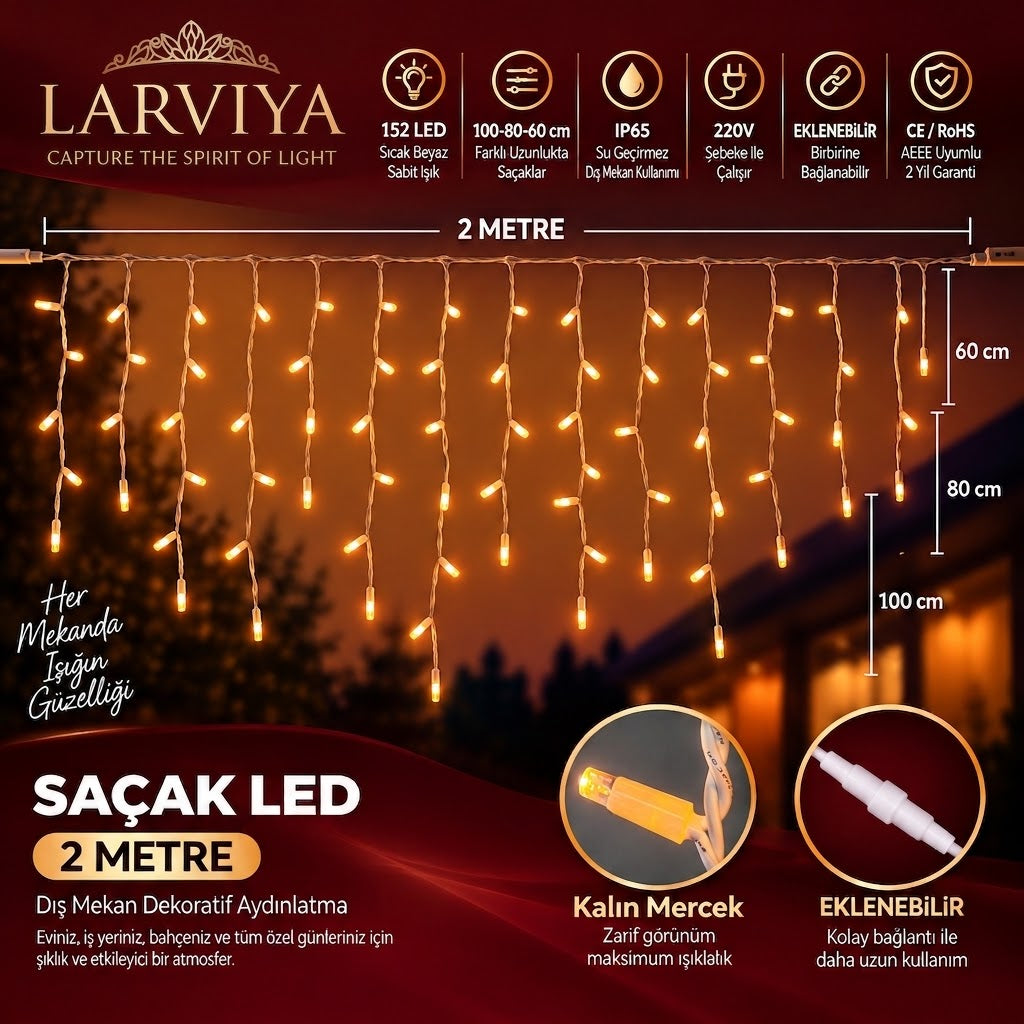 2 Metre 152 Ledli Saçak LED 100x80x60cm Gün Işığı (Sabit)