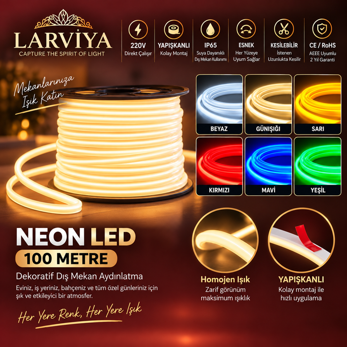 100 METRE Yeni Nesil 220V Yapışkanlı Neon LED – 6×10 mm